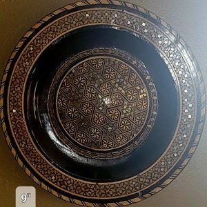 Vintage Egyptian Mosaic Abalone Mother of Pearl Inlay Wood Decorative 9" Plate